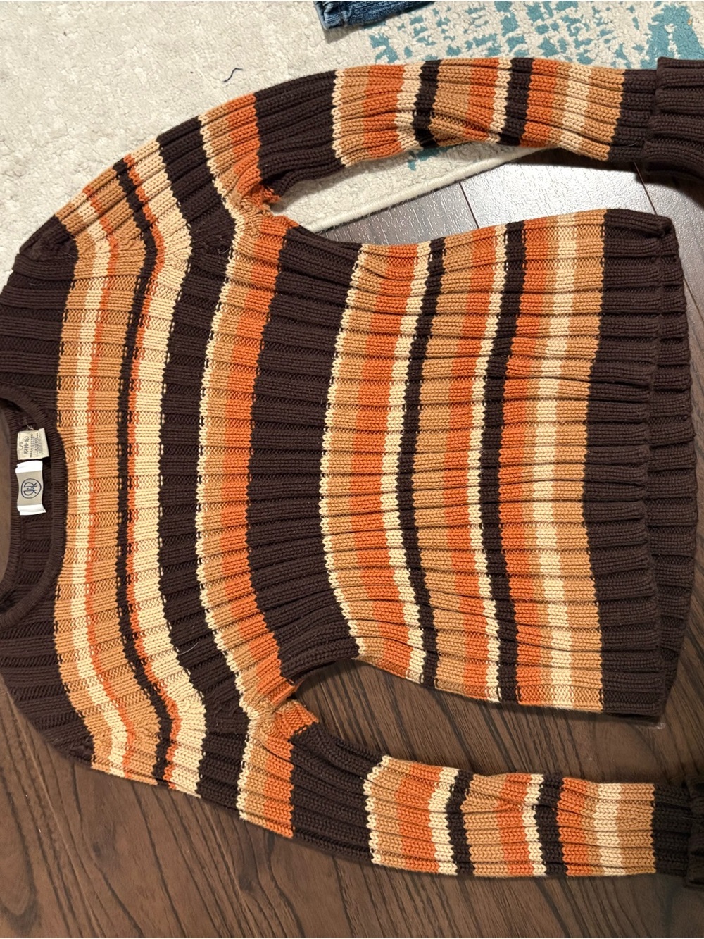 Striped Rib-Knit Crewneck Sweater in Brown, Orange & Cream